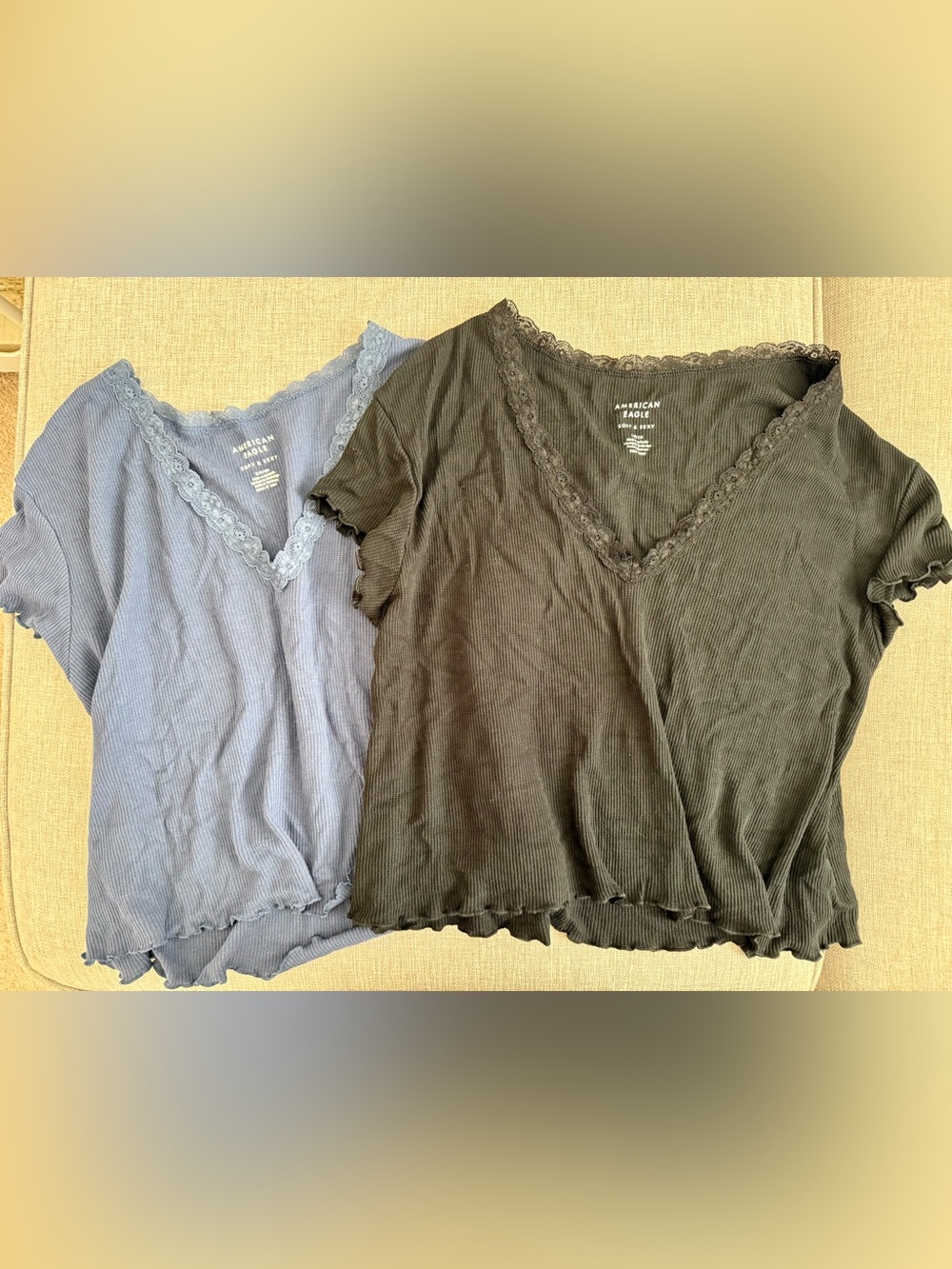 American Eagle Outfitters Ribbed Lace V-Neck Tee -  Navy & Black